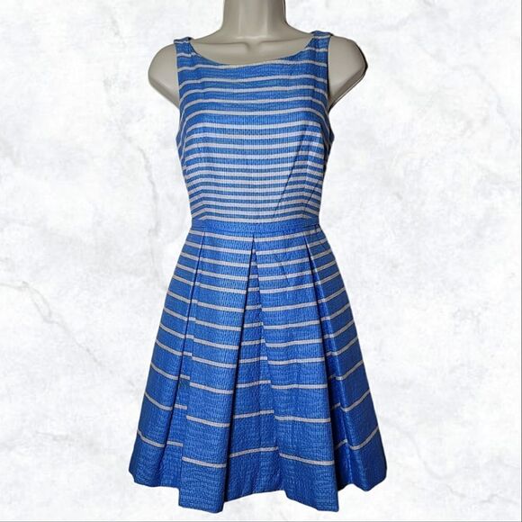 Taylor (Anthropology) Textured Pleated Striped Blue & White Fit & Flare Dress - Picture 2 of 8